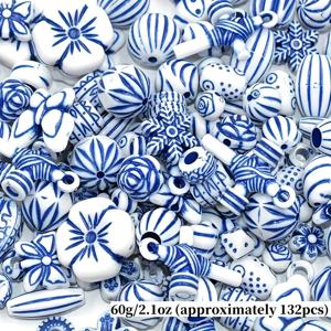 TEMU 약 132개 60g 청화백자 스타일 아크릴 비즈 DIY 비즈, 주얼리 만들기 재료 - 클래식한 청화백자 아크릴 비즈, 정교한 패턴, 사전 구멍 뚫린 팔찌, 귀걸이, 신발 펜던트, 주얼리 만들기 비즈, 매끄러운 표면 비즈, 공예 애호가를 위한 디자인, 다양한 비즈에 적합, 장식용 비즈
