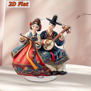 TEMU 2D 평면 회전 아크릴 데스크탑 장식 - 전통 한복과 바이올린을 입은 커플 피규어, 전기 불필요한 홈 데코, 커플 기념일 선물, 문화 예술 작품