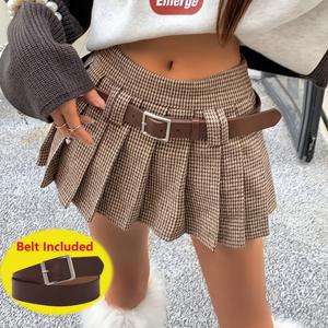 TEMU ZJ0926038 가을/겨울 여성 빈티지 하운드투스 패턴 하이웨이스트 A라인 플리츠 스커트, 브라운 벨트 포함, 캐주얼 포멀 숏 스커트, 스파이시 록 스커트