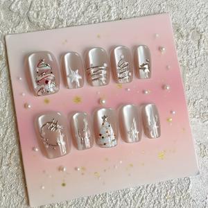 TEMU 10개 크리스마스 테마 스퀘어 숏 프레스온 인조 네일, 우아한 핑크 크리스마스 트리 & 눈꽃 디자인