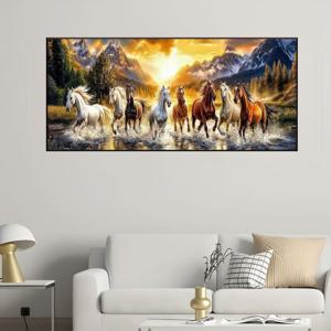 TEMU 50×120cm 5D 페인팅 얕은 개울을 달리는 일곱 마리 말 자수, 설산 황금 일몰 배경 거실 침실 벽 장식 선물