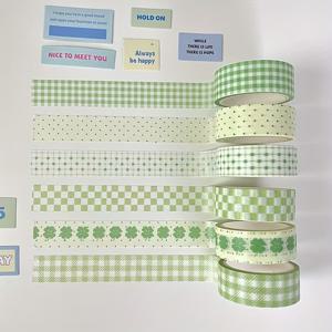 TEMU 창의적인 포장 및 플래너 스티커를 위한 녹색 체크 무늬 4잎 클로버 와시 테이프 6롤