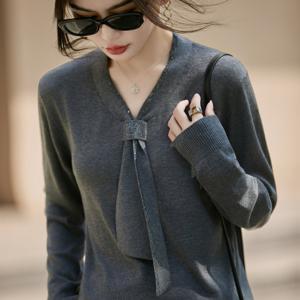 TEMU 여성용 패션 V넥 리본 장식 스웨터, 봄 가을 겨울 패션 여성복, 다용도 편안한 여성 상의|블라우스|여성의류|패션