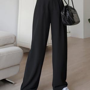 TEMU 접힌 러플 사선 포켓 팬츠, 솔리드 컬러 드레스 팬츠