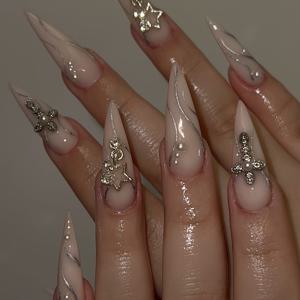 TEMU 24개입 누드 불규칙 실버 라인 펜던트 스타 장식 디자인 풀 커버리지 프레스온 아크릴 인조네일, 여성 데일리, 파티, 프롬, 휴일 선물용