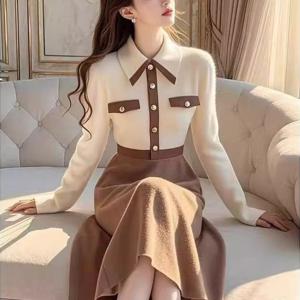 TEMU 겨울 신상 대비색 니트 원피스 폴로 칼라 캐릭터 스타일 웨이스트 스웨터 미디 기장 스커트 하단