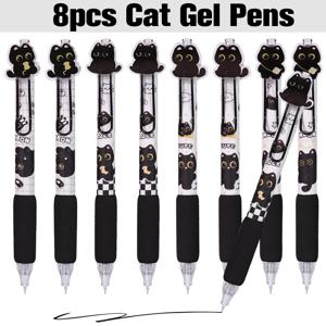 TEMU 8개입 카와이 고양이 젤 펜 세트 | 0.5mm 속건성 블랙 잉크, 쿠션 그립 리트랙터블, 저널링, 사무실 메모 및 귀여운 책상 동반자로 완벽