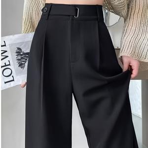 TEMU 여성용 우아한 블랙 정장 바지 | 하이웨이스트, 레귤러 윤곽, 롱 기장, 단색, 지퍼 플라이 클로저, 벨트 없음, 봄/여름/가을에 적합|여름바지