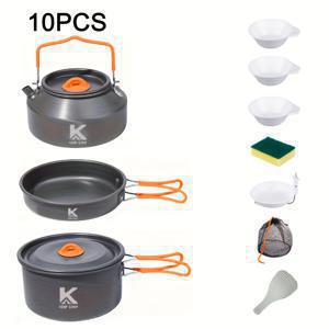 TEMU 제트빔 10피스 오렌지 두꺼운 야외 캠핑 조리기구 세트 (중형 캠퍼 냄비 + 중형 프라이팬 + 1.1L 주전자), 휴대용 접이식 콤보, 작은 공간용, 그릇, 주걱, 국자, 설거지 스펀지 포함 | 백투스쿨 시즌 선물, 기념일, 할로윈, 크리스마스, 휴일 선물