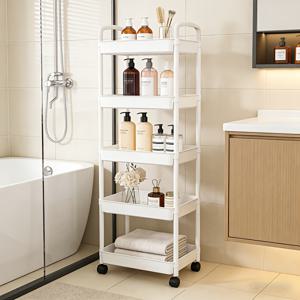 TEMU 5단 이동식 수납 카트 | 독립형, 다단 디자인, 공간 절약형 모바일 수납 랙 (욕실, 주방, 세탁실용), 좁은 공간에 적합, 플라스틱 재질, 선반