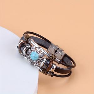 TEMU 빈티지 내셔널 스타일 그린 터콰이즈 구슬 진짜 PU 가죽 스테인리스 스틸 버클 남녀공용 팔찌