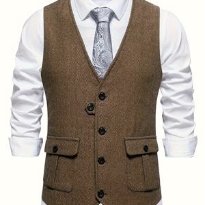 TEMU 남성용 빈티지 스타일의 하운드투스 조끼, V넥 및 더블 포켓 특징