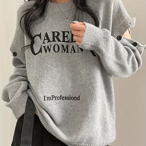 TEMU 빈티지 레터 오프숄더 라운드넥 풀오버 스웨터 여성용, 가을/겨울 패션 스트리트 스타일 탑