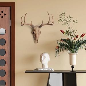 TEMU 1개, 빈티지 대형 레진 양 머리 장식품, 사슴 뿔 해골이 있는 소박한 벽 장식, 동물 해골 표본 벽 장식, 할로윈을 위한 수제 농가 장식