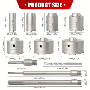 TEMU 17PCS SDS Plus & Max 섕크 콘크리트 홀 쏘 세트, 합금 홀 커터 키트, 벽돌, 석재, 시멘트 벽 시공을 위한 30-110mm 코어 드릴 비트, 3날 디자인, 조립 필요