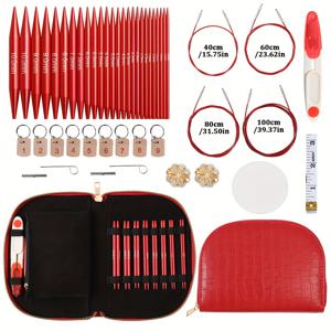 TEMU 49피스 루엔 알루미늄 원형 뜨개질 & 코바늘 세트, 인체공학적 핸들, 13사이즈 교체 가능 후크 (7-00/0호 호환), 보관 케이스 & 액세서리 포함 - 메탈 원형 바늘 (3