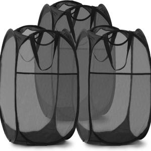 TEMU 튼튼한 손잡이와 옆 포켓이 있는 접이식 메시 세탁 바구니 3개 세트 - 기숙사, 욕실 및 여행용 보관에 적합한 편리한 접이식 옷 바구니 (블랙 색상)