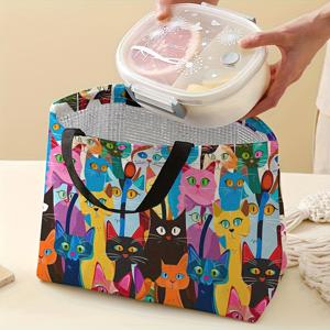 TEMU 컬러풀 고양이 프린트 패턴 도시락 가방, 여성용 보온 도시락 가방, 남성용 통기성 도시락 용기, 재사용 가능, 사무실·해변 여행에 적합한 방수 핸드백, 양면 프린팅 보온 가방, 비식품 접촉, 학교용