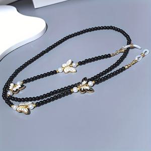 TEMU 검정색 나비 장식이 있는 수제 비즈 유리 안경 체인