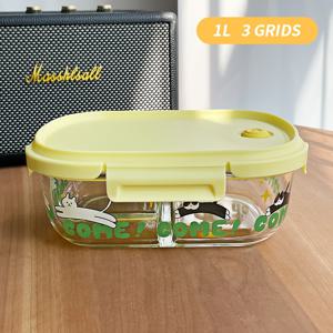 TEMU 귀여운 만화 고양이 하이보로실리케이트 유리 도시락통 - 전자레인지 사용 가능, 신선 보관용 오피스워커 벤토, 단품/더블/3단 구성, 개학 준비 선물|전자레인지