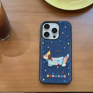 TEMU 휴대폰 케이스 - 니치 데님 자수 컬렉션, 물방울 무늬 자수 다치삭, 핑크 리본 꼬리 강아지 풀 랩 휴대폰 케이스 (아이폰 12/11/13 Pro Max/14/15 Pro/16 Pro Max)