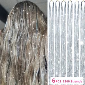 TEMU 6개 세트 컬러풀 글리터 틴셀 헤어 익스텐션 48인치 1200스트랜드 여성용 헤어 액세서리, 뮤직 페스티벌, 카니발, 크리스마스, 새해 발렌타인데이용 요정 머리장식