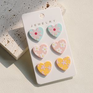 TEMU 3 쌍 빈티지 귀여운 하트 모양 귀걸이, 작은 신선한 파란색 분홍색 노란색 꽃 혼합, 도자기 텍스처, 아크릴, 스테인레스 스틸 포스트, 데이, 파티, 일상 착용