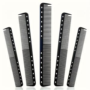 TEMU 5pcs 블랙 카본 섬유 헤어 컴 - 미세한 이빨, 열 저항성, 정전류 방지, 모든 헤어 타입에 적합, 내구성 있는 ABS 플라스틱 손잡이, 걸이 홀이 있는 헤어 스타일링 도구 | 다듬어진 표면 | 카본 컴