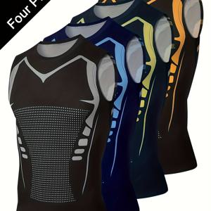 TEMU [Shule Water OBM] 4pcs 세트는 남성용 탄성 및 통기성 좋은 민소매 조끼에 프린트 패턴이 특징이며, 흡습성 편안함을 위해 설계되었으며, 러닝, 피트니스 및 야외 활동에 이상적입니다.