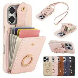 TEMU 휴대폰 케이스 - 휴대폰 케이스 - 아이폰 17 Pro Max/16E/16/15/14/13/12/11 Pro Max용 카드 홀더가 있는 인조 가죽 보호 케이스, 360° 회전 링 스탠드 및 숄더 스트랩 포함|아이폰케이스|지갑|핸드폰스트랩