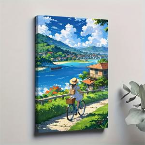 TEMU [2D 플랫] 1Pc2D, 소녀 사이클링 해변 풍경, 오일 페인팅, 포스터, 벽 장식, 거실, 식당, 차고, 사무실, 바, 마당, 장식 페인팅, 단단한 나무 프레임, X17.72 인치