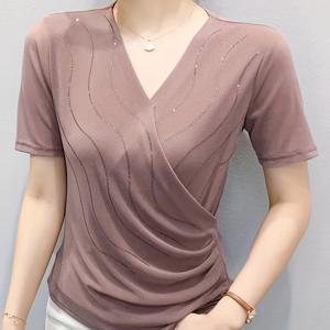 TEMU 여성용 우아한 크로스 V넥 라인스톤 반팔 탑 - 신축성이 좋은 여름 블라우스, 손세탁 전용, 캐주얼 & 정장용 솔리드 컬러, 다용도 의류, 라인스톤 장식