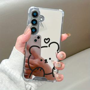 TEMU 폰 케이스: 2025 신상 럭셔리 크리에이티브 패션 네 모서리 충격 방지 보호 블랙 베어 패턴 미러 폰 케이스, 갤럭시 S25 S24 S23 S22 S21 플러스 울트라 FE A55 A54 A53 A52 A52S A32 A23 A16 A15 A14 5G GU1 호환, 가족, 연인, 친구에게 선물하기 좋은 축제용 선물