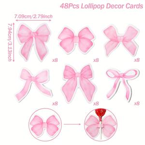 TEMU 48개 핑크 리본 & 플로럴 롤리팝 장식 카드 - 생일, 결혼식, 베이비 샤워용 우아한 종이 파티 용품 - 조립 불필요, 다목적 파티 팩, 생일파티 소품, 할로윈, 크리스마스 이벤트 및 파티 장식용 트릿 토퍼