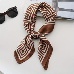 TEMU 우아한 커피 브라운 & 화이트 기하학 프린트 스퀘어 스카프 - 부드러운 논스트레치 소재, 통기성 좋은 사계절 다용도 패션 액세서리, 캐주얼 아웃팅 & 포멀 이벤트, 세련된 패턴, 제작, 스타일리시 랩, 스타일 감각 있는 여성, 캐주얼 의상, 텍스처, 시크 랩, 스타일 감각 있는 구매자