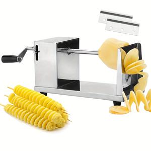 TEMU 1개 스테인리스 스틸 수동 크랭크 감자 나선형 슬라이서 기계 - 균일한 절단을 위한 사각 블레이드, 주방용 내구성 있는 방청 디자인, 캠핑 및 피크닉에 적합 - 완벽한 휴일 선물, 세련된 메탈릭 마감, 견고한 구조