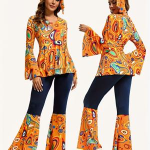 TEMU 1970년대 히피 디스코 여성 의상 (오렌지색) - 긴팔 셔츠, 팬츠 슈트, 헤어밴드 포함