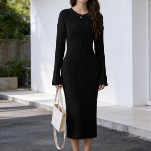 TEMU [XS-L 출퇴근 다용도 스타일] 새로운 가을/겨울 슬림핏 드레스, 세로 , 긴소매, 라운드넥, 미디 길이. 업무 및 데이트를 위한 우아하고 성숙한 스타일