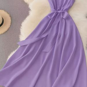 TEMU 2025 봄/여름 신상 스타일 V넥 우아한 허리 묶는 보라색 단색 여성 드레스