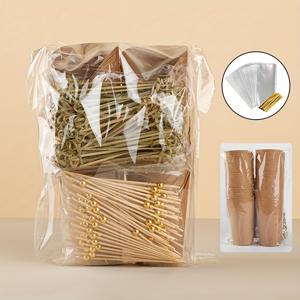 TEMU 50개 각진 입구 프렌치프라이 종이컵 세트, 12oz 팝콘 및 칩 종이컵, 과일 피크 100개씩 2종 포함, 50개 봉투 + 끈 포함