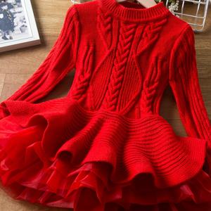 TEMU 2025 봄 신상 여아용 스웨터 니트 메쉬 패치워크 드레스 풀오버