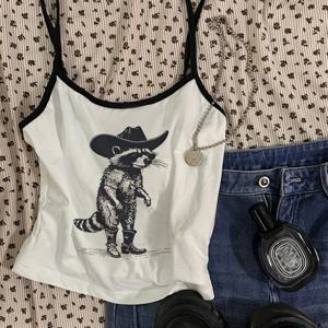 TEMU 여성용 캐주얼 섹시 바디콘 크리스크로스 홀터넥 탱크탑, 블랙 앤 화이트 컬러 블록, 너구리 프린트, 카우걸 스타일, 여름용