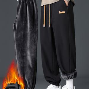 TEMU 남성용 가을/겨울용 기모 안감 슬림핏 캐주얼 바지, 따뜻하고 편안한 착용감을 위한 두꺼운 디자인|냉장고바지|남자바지