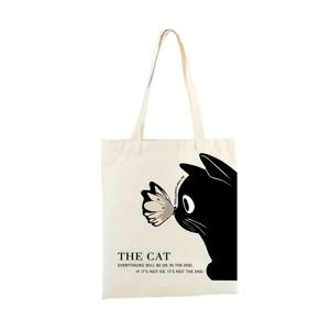 TEMU 귀여운 검은 고양이 & 나비 디자인의 1개 화이트 캔버스 토트백 - 내구성 있고 가벼우며 대용도로 쇼핑, 학교, 여행 및 파티에 적합 - 딸을 위한 완벽한 선물, 쇼핑백 | 장난기 있는 디자인 | 튼튼한 손잡이, 고양이 토트백