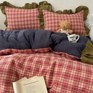 TEMU 레드 앤 화이트 체크무늬 그래스 그린 레이스 영국 스타일 침구 세트 (1개 커버 + 1개 피트 시트 + 2개 베갯잉) - 부드럽고 세탁기 사용 가능, 사계절용 합성 소재, 내부 쿠션 및 베개 제외