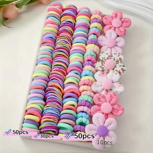 TEMU 140개 귀여운 꽃 머리 장식 세트 (3D 꽃 클립 및 다양한 머리끈 및 밴드 포함) - 여아에게 완벽, 연출 필수템, 상냥하고 사랑스러운 이미지를 연출 - OPP 백 포장