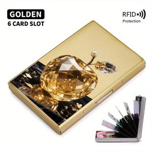 TEMU 골든 애플 패턴 스테인리스 스틸 RFID 방지 카드 홀더 - 멀티 컴파트먼트 디자인의 세련된 블랙 메탈 지갑, 아버지날 선물로 완벽한 선택 | 광택 표면 & 메탈릭 마감, 여성용 실버 금속 월렛