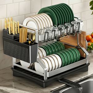 TEMU 스테인리스 스틸 주방 식기 건조대 & 싱크대 및 도구 보관 랙 - 이중층 방청 설계, 접시·컵·도구 정리용 고품질 건조대, 식기 보관 랙|식기건조대|식기건조기|싱크대