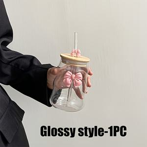 TEMU 1개 우아한 리본 장식 유리컵 (뚜껑 & 빨대 포함) - 물결무늬 재사용 가능한 음료용품, 우유, 커피, 홈 데코에 이상적 - 발렌타인데이 & 기념일, 커피 바 액세서리로 완벽