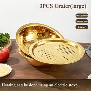 TEMU 3피스 스테인리스 스틸 주방 준비 세트, 야채 슬라이서 및 과일 감자 필러와 당근 강판 & 필터 메쉬 스트레이너 - 골든 컬러, 야채/과일 세척 또는 쌀 헹굼에 적합